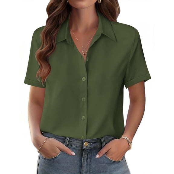 Zeagoo Shirts for Women Trendy Rolled Cuffed Short Sleeve Button Up Blouse Business Casual Tops Summer Fashion Shirts