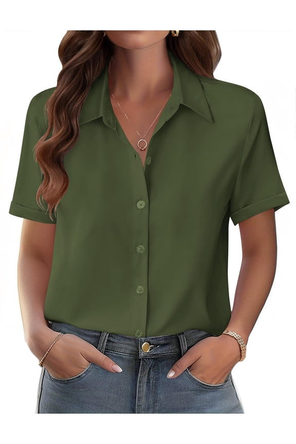 Shirts for Women Trendy Rolled Cuffed Short Sleeve Button Up Blouse Business Casual Tops Summer Fashion Shirts