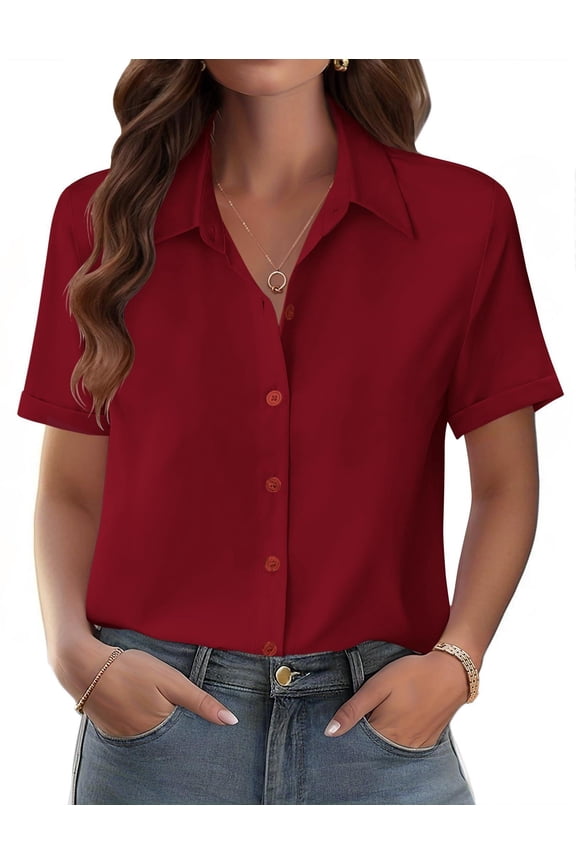 Shirts for Women Trendy Rolled Cuffed Short Sleeve Button Up Blouse Business Casual Tops Summer Fashion Shirts