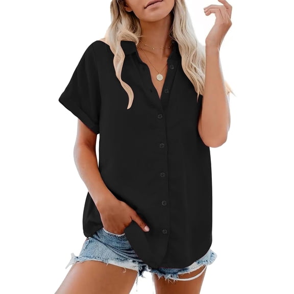 Zeagoo Shirts for Women Trendy Rolled Cuffed Short Sleeve Button Up Blouse Business Casual Tops