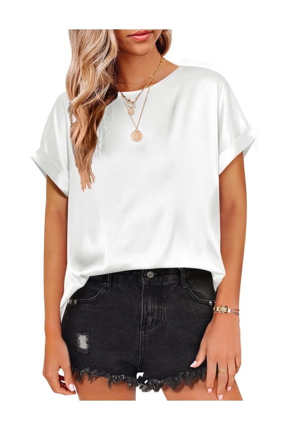 Short Sleeve Blouses for Women Casual Satin Tops Summer Silk Shirt Dressy