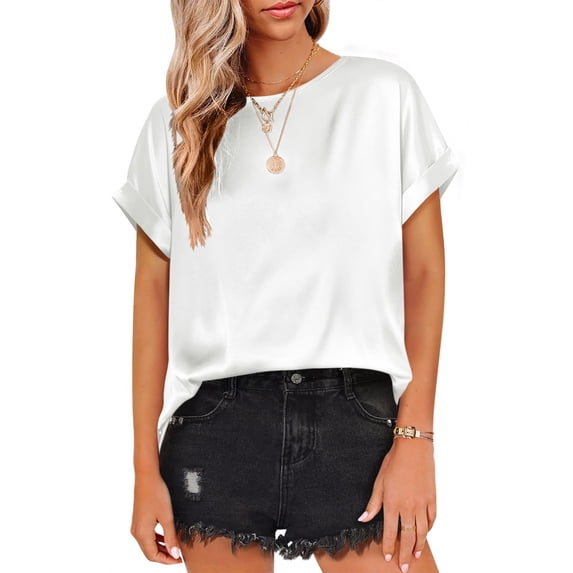 Zeagoo Short Sleeve Blouses for Women Casual Satin Tops Summer Silk Shirt Dressy