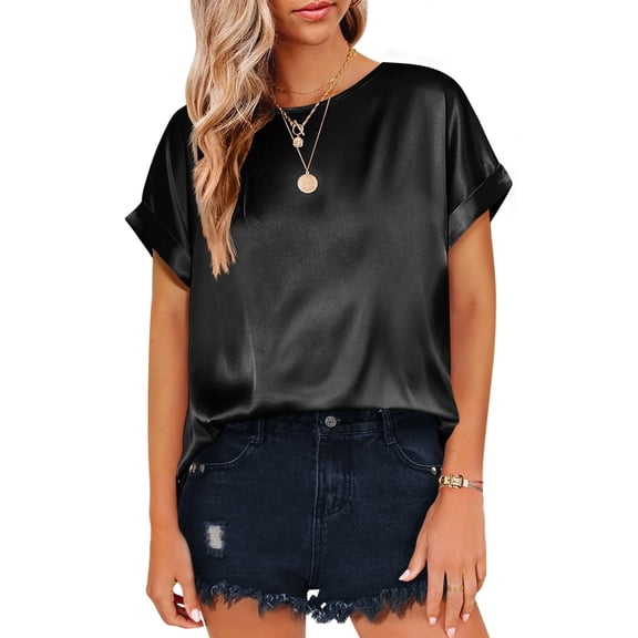 Zeagoo Short Sleeve Blouses for Women Casual Satin Tops Summer Silk Shirt Dressy