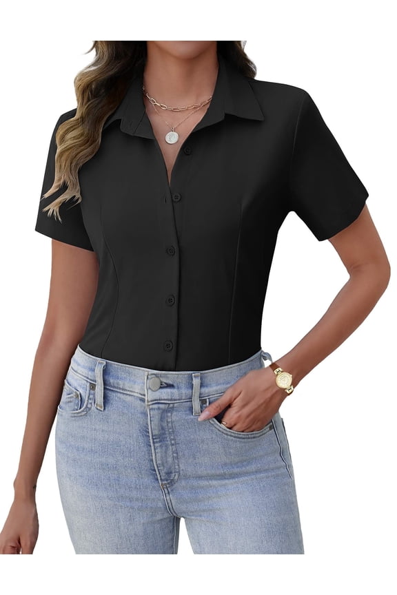 Short Sleeve Button Down Blouses for Women Tailored Business Work Shirts Summer Tops