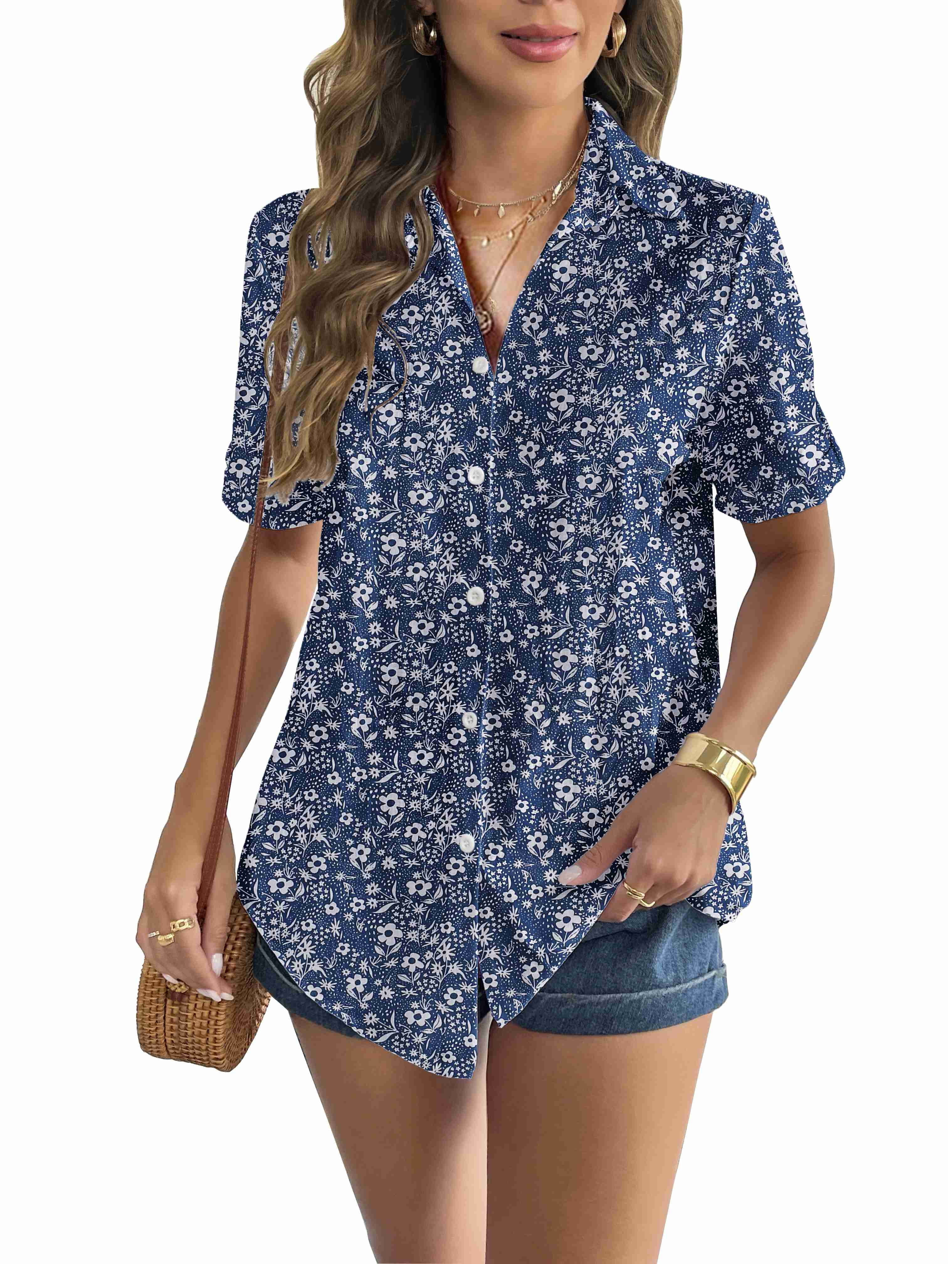 Zeagoo Short Sleeve Button Down Women Cotton Tops for Women V Neck ...