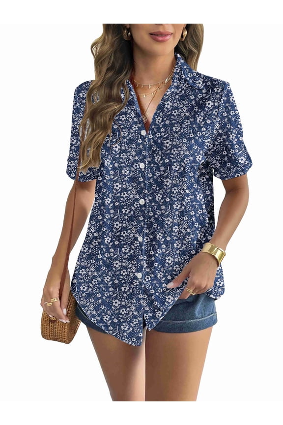 Short Sleeve Button Down Women Cotton Tops for Women V Neck Linen Blouse Tunics Plain Office Work Blouses