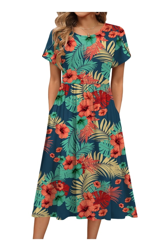 Short Sleeve Dress for Women Boho Beach Dresses Aline Midi Sundress with Pocket Casual Loose Shift Dress Summer Floral Tshirt Dress