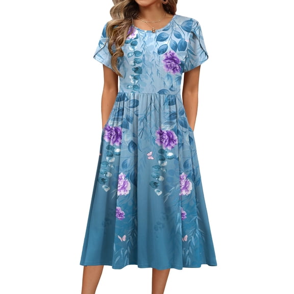 Zeagoo Short Sleeve Dress for Women Boho Beach Dresses Aline Midi Sundress with Pocket Casual Loose Shift Dress Summer Floral Tshirt Dress