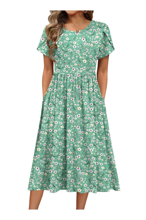 Short Sleeve Dress for Women Boho Beach Dresses Aline Midi Sundress with Pocket Casual Loose Shift Dress Summer Floral Tshirt Dress
