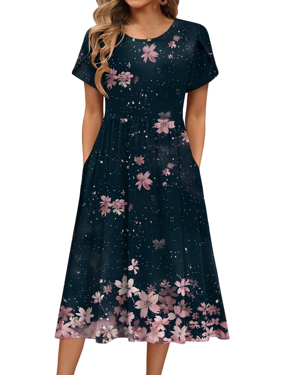 Short Sleeve Dress for Women Boho Beach Dresses Aline Midi Sundress with Pocket Casual Loose Shift Dress Summer Floral Tshirt Dress