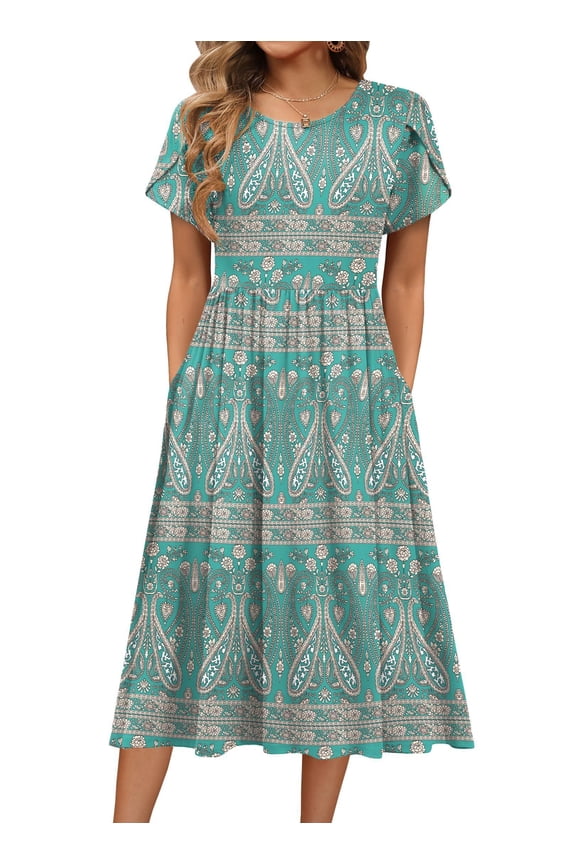 Short Sleeve Dress for Women Boho Beach Dresses Aline Midi Sundress with Pocket Casual Loose Shift Dress Summer Floral Tshirt Dress