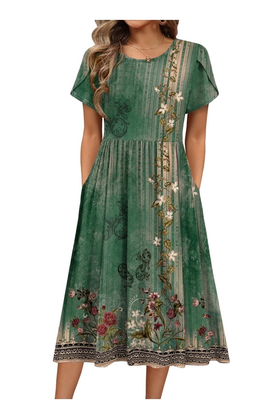 Short Sleeve Dress for Women Boho Beach Dresses Aline Midi Sundress with Pocket Casual Loose Shift Dress Summer Floral Tshirt Dress