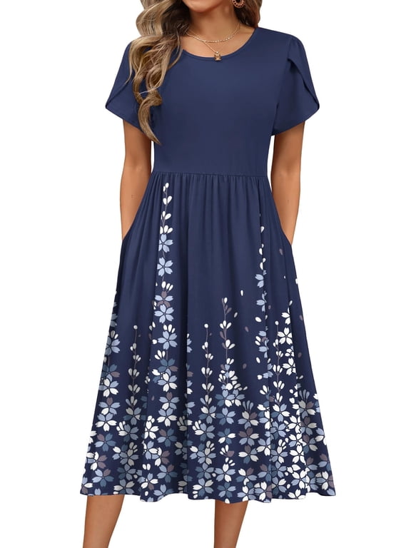 Short Sleeve Dress for Women Boho Beach Dresses Aline Midi Sundress with Pocket Casual Loose Shift Dress Summer Floral Tshirt Dress
