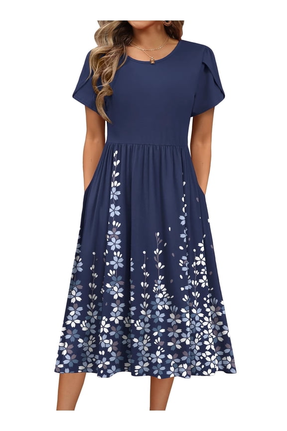 Short Sleeve Dress for Women Boho Beach Dresses Aline Midi Sundress with Pocket Casual Loose Shift Dress Summer Floral Tshirt Dress