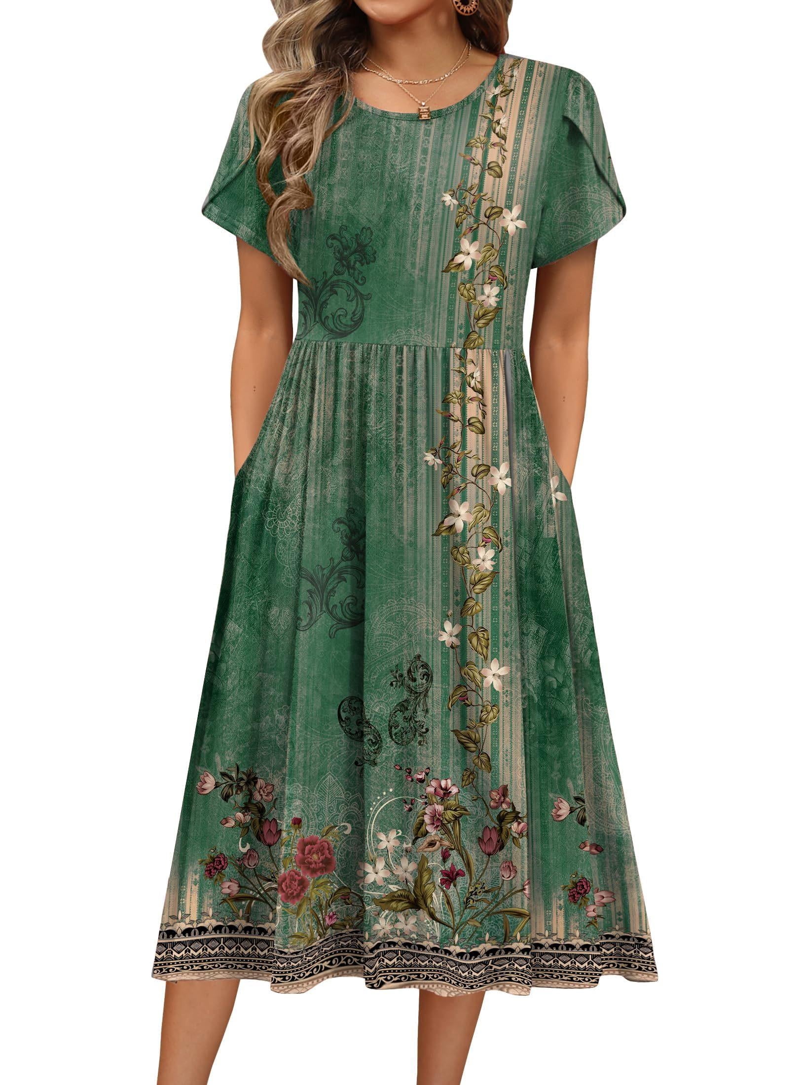 Zeagoo, Short Sleeve Dress for Women, Green, Floral Casual Summer ...