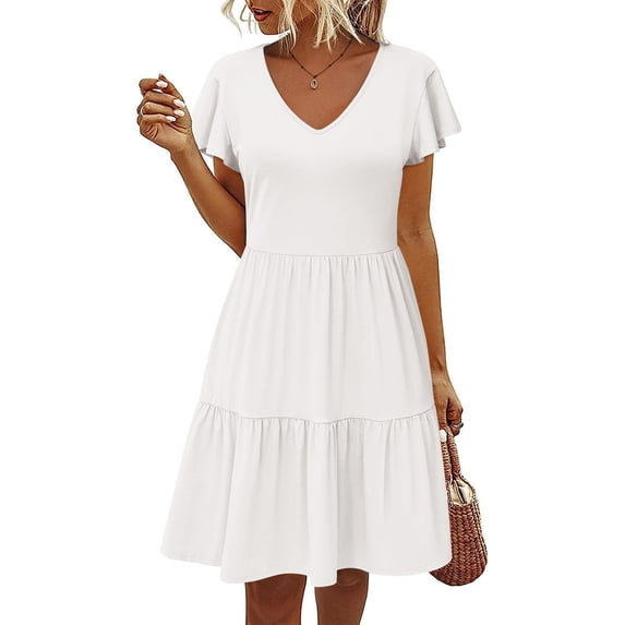 Zeagoo Short Sleeve Tiered Swing Dress with Pockets Summer Casual Ruffled Dress Cap Sleeve Dresses Flowy Beach Dress