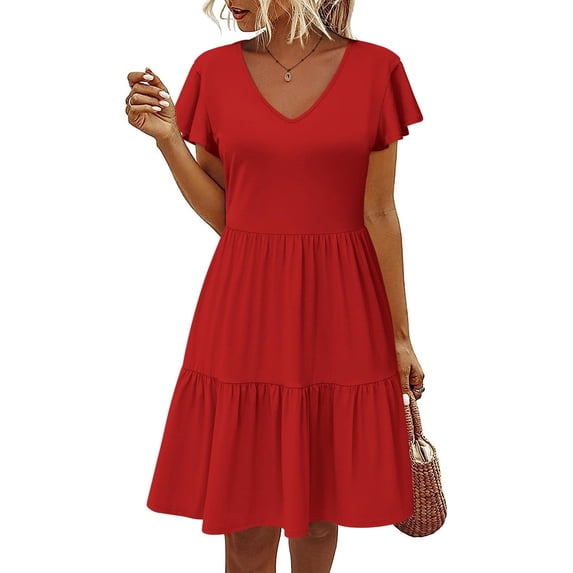 Zeagoo Short Sleeve Tiered Swing Dress with Pockets Summer Casual Ruffled Dress Cap Sleeve Dresses Flowy Beach Dress