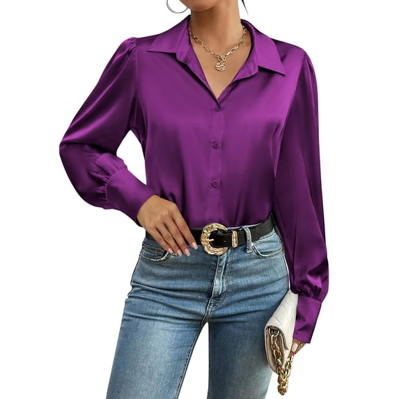 Zeagoo Silk Button Down Blouse for Women Lantern Sleeve Shirt Dressy Casual Work Tunic Top