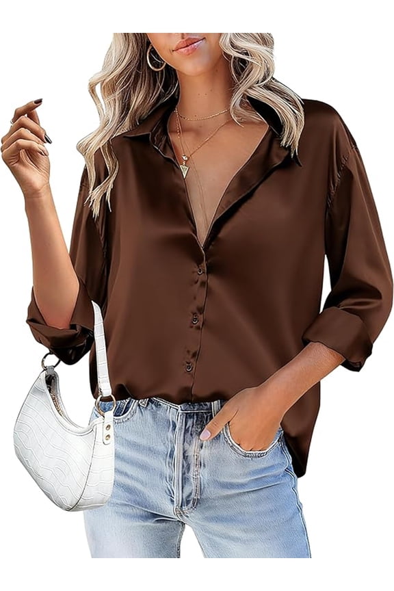 Silk Tops for Women Satin Long Sleeve V Neck Casual Office Work Blouse Tunic Tops