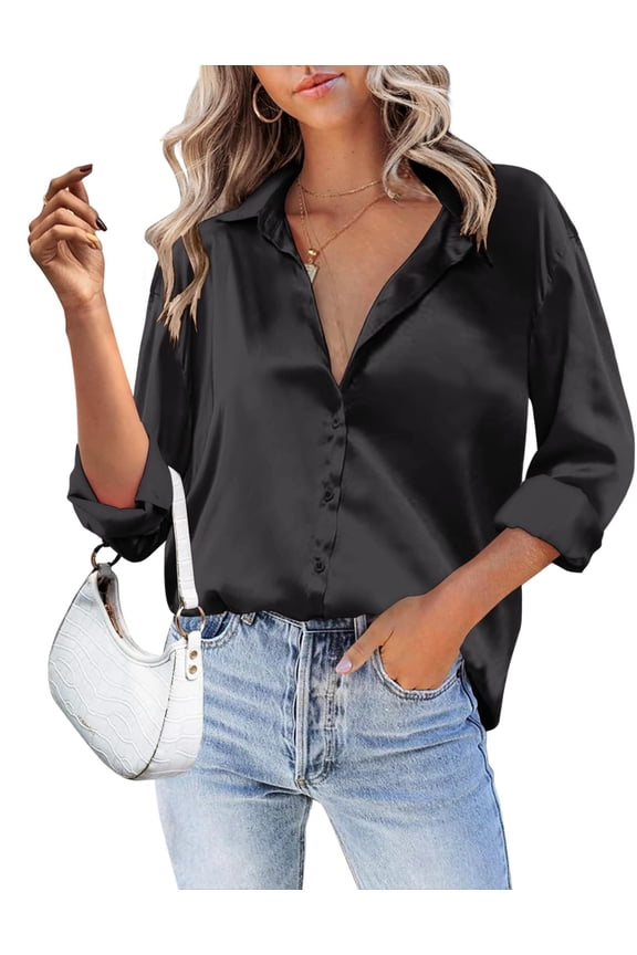 Silk Shirt for Women Smooth Satin Long Sleeve V Neck Casual Office Work Blouse Tunic Tops