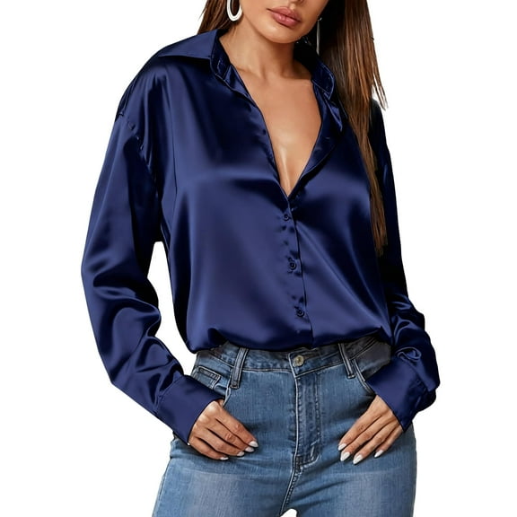 Zeagoo Silk Tops for Women Satin Long Sleeve V Neck Casual Office Work Blouse Tunic Tops