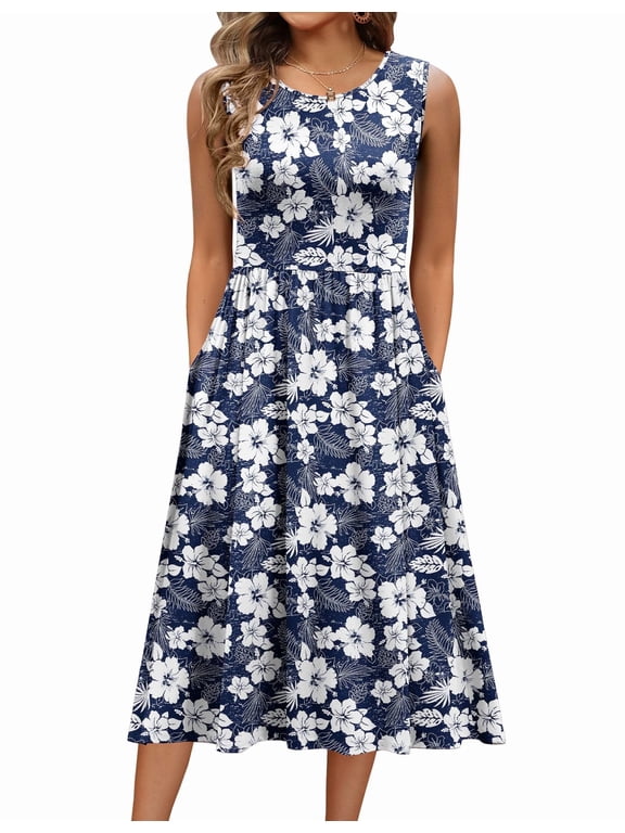 Sleeveless Dress for Women Summer Midi Dress Dress Round Neck Tshirt Dress Plain Casual Loose Fit Shift Dresses Aline Sundress
