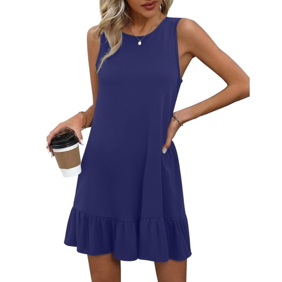 Zeagoo Sleeveless Dress for Women Swing Summer Casual Solid Tunic Ruffle Dress Cover Up with Pockets