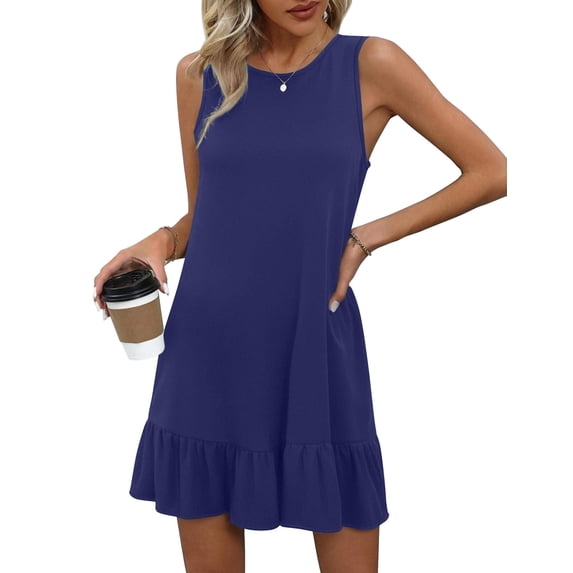 Zeagoo Sleeveless Dress for Women Swing Summer Casual Solid Tunic Ruffle Dress Cover Up with Pockets
