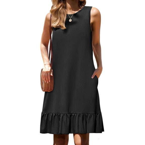 Zeagoo Sleeveless Dress for Women Swing Summer Casual Solid Tunic Ruffle Dress Cover Up with Pockets