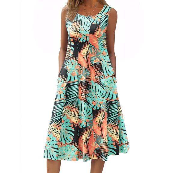 Zeagoo Summer Casual Dresses for Women Sleeveless Midi Dress Swing Tank Sundress Pleated Tshirt Dress with Pockets