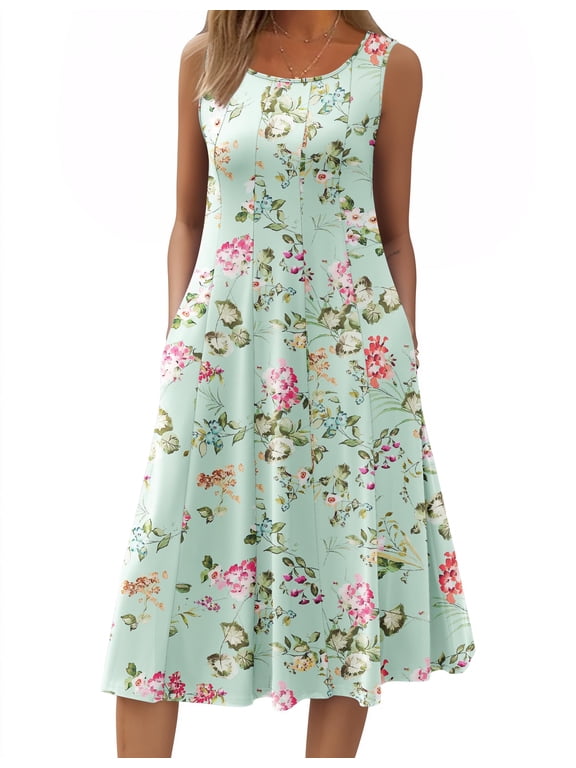 Summer Casual Dresses for Women Sleeveless Midi Dress Swing Tank Sundress Pleated Tshirt Dress with Pockets