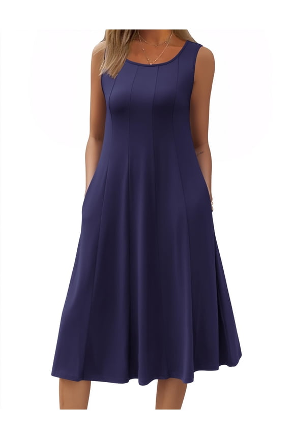 Summer Casual Dresses for Women Sleeveless Midi Dress Swing Tank Sundress Pleated Tshirt Dress with Pockets