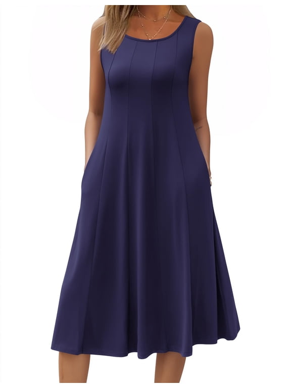Summer Casual Dresses for Women Sleeveless Midi Dress Swing Tank Sundress Pleated Tshirt Dress with Pockets