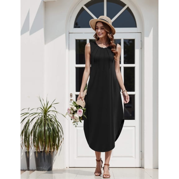 Zeagoo Summer Dress for Women 2025 Casual Maxi Sundress for Beach Tank Dress with Pockets Pleated Front Travel Outfits