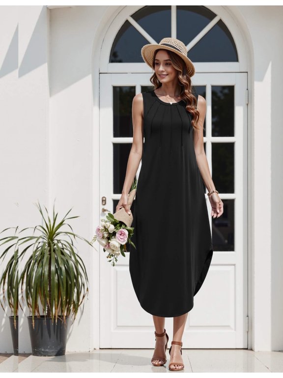 Summer Dress for Women 2025 Casual Maxi Sundress for Beach Tank Dress with Pockets Pleated Front Travel Outfits