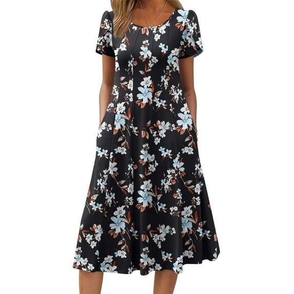 Zeagoo Summer Dresses for Women 2025 Casual Midi Dress A Line Pleated Sundress Short Sleeve Dress Flare Sundress