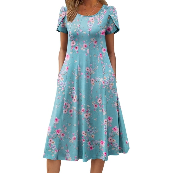 Zeagoo Summer Dresses for Women 2025 Casual Midi Dress A Line Pleated Sundress Short Sleeve Dress Flare Sundress