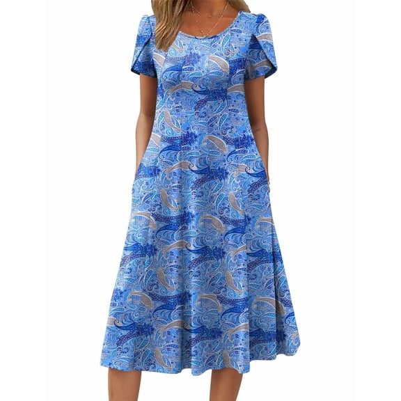 Zeagoo Summer Dresses for Women 2025 Casual Midi Dress A Line Pleated Sundress Short Sleeve Dress Flare Sundress