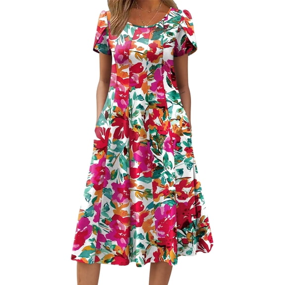 Zeagoo Summer Dresses for Women 2025 Casual Midi Dress A Line Pleated Sundress Short Sleeve Dress Flare Sundress
