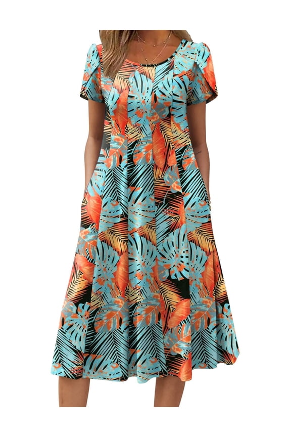Summer Dresses for Women 2025 Casual Midi Dress A Line Pleated Sundress Short Sleeve Dress Flare Sundress