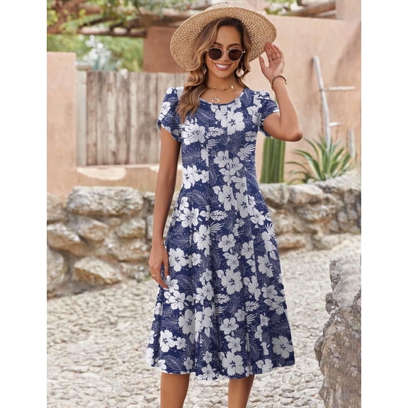 Zeagoo Summer Dresses for Women 2025 Casual Midi Dress A Line Pleated Sundress Short Sleeve Dress Flare Sundress