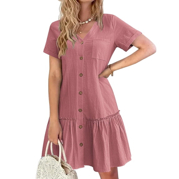 Zeagoo Summer Dresses for Women Button Down Cotton Linen Dress A Line Swing Sundress Short Sleeve Ruffle Hem Dress