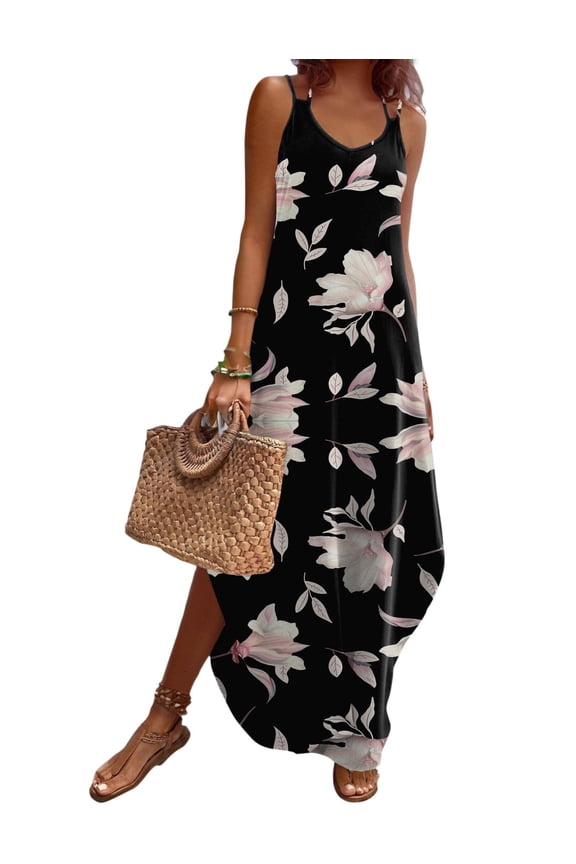 Summer Dresses for Women Casual Spaghetti Strap V Neck Sleeveless Dresses with Pocket