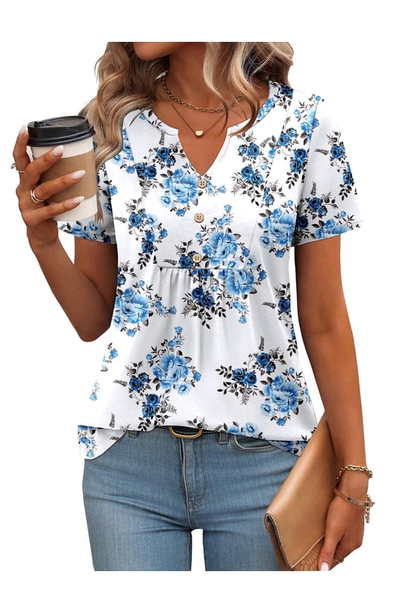 Summer Tops to Hide Belly for Women Short Sleeve Pleated Tshirts Casual Floral Tshirt Boho Shirts V-Neck Loose Basic Tee Button Comfy Shirts