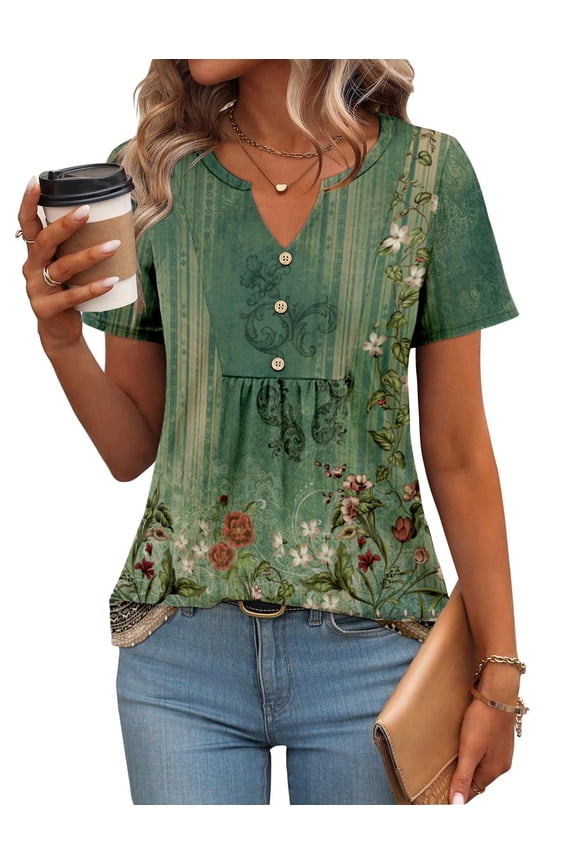 Summer Tops to Hide Belly for Women Short Sleeve Pleated Tshirts Casual Floral Tshirt Boho Shirts V-Neck Loose Basic Tee Button Comfy Shirts