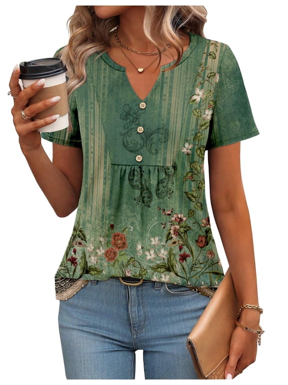 Summer Tops to Hide Belly for Women Short Sleeve Pleated Tshirts Casual Floral Tshirt Boho Shirts V-Neck Loose Basic Tee Button Comfy Shirts