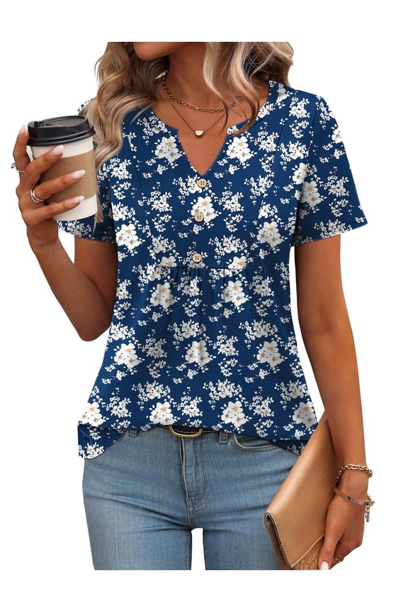 Summer Tops to Hide Belly for Women Short Sleeve Pleated Tshirts Casual Floral Tshirt Boho Shirts V-Neck Loose Basic Tee Button Comfy Shirts