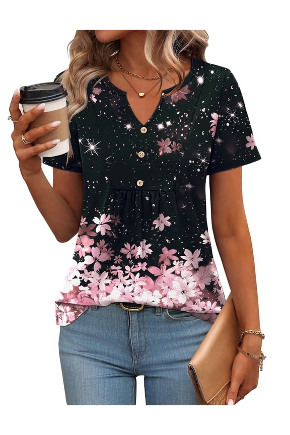 Summer Tops to Hide Belly for Women Short Sleeve Pleated Tshirts Casual Floral Tshirt Boho Shirts V-Neck Loose Basic Tee Button Comfy Shirts