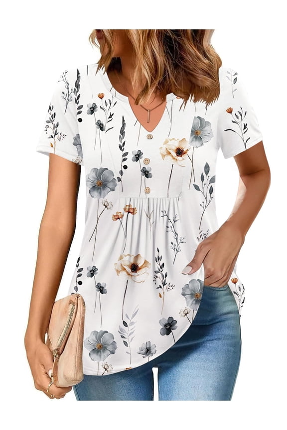Summer Tops to Hide Belly for Women Short Sleeve Pleated Tshirts Casual Floral Tshirt Boho Shirts V-Neck Loose Basic Tee Button Comfy Shirts