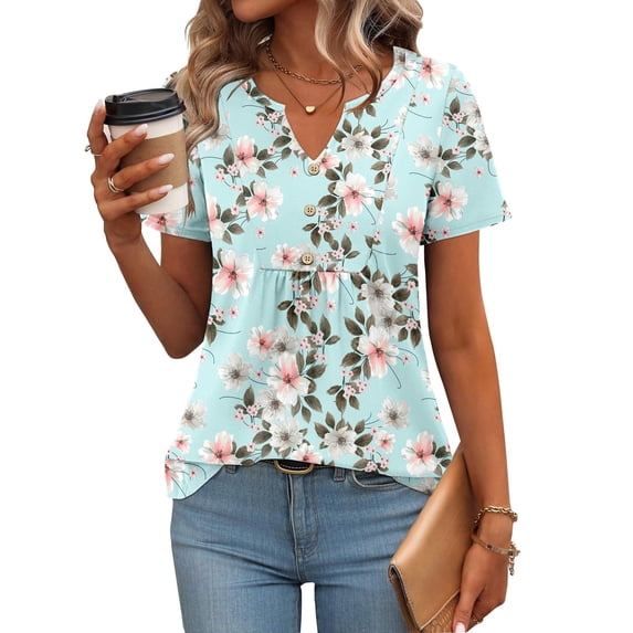 Zeagoo Summer Tops to Hide Belly for Women Short Sleeve Pleated Tshirts Casual Floral Tshirt Boho Shirts V-Neck Loose Basic Tee Button Comfy Shirts